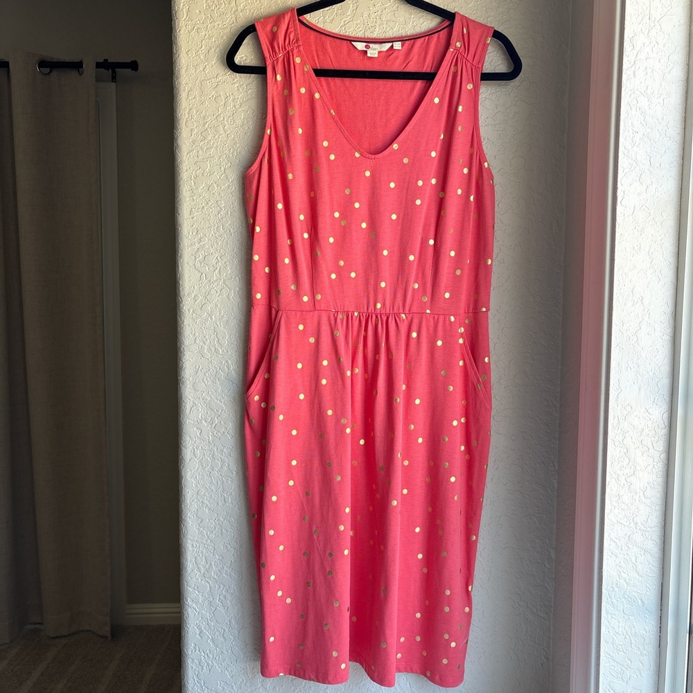 Boden Women 12R Dress Gold Polka Dot Coral Sleeveless V-Neck Jersey Pockets Cute